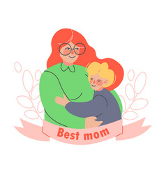 Happy Mother Embracing With Her Son And Ribbon