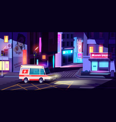 Ambulance In Night City Medic Car With Signaling