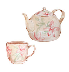 Watercolor Christmas Of Beige Teapot And Teacup