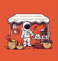 Astronaut At The Food Stand In Cartoon Style