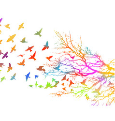 Tree And Flying Colored Birds In The Sky Hand