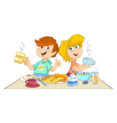 Cartoon Children Eating A Breakfast