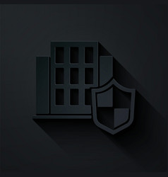 Paper Cut House With Shield Icon Isolated On Black