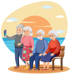 Group Of Senior Travelers With Sunset Background