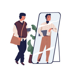 Man In Outdated Clothes Looking At Fake Mirror