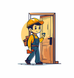 Cartoon Handyman Standing In Front Of The Door