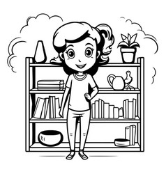 Cute Little Girl Standing In Bookshelf Black