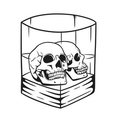 Two Human Head Skull Inside Whiskey Glass Line Art