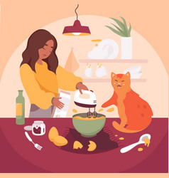 Girl Cooking With Cat In Kitchen