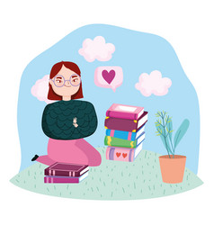 Book Day Teen Girl With Books And Plant In Pot