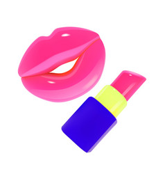 Pink Lips And Lipstick In 3d Cartoon Style