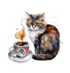 Turkish Cat With Coffee Cup Watercolor