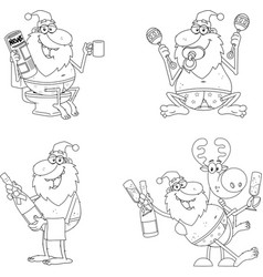 Outlined Drunk Naked Santa Claus And Reindeer