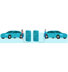 Man And Woman Charging Luxury Sedan Car