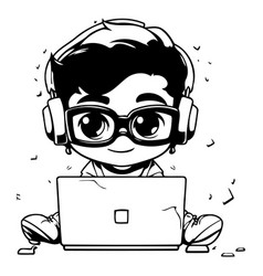 Cute Little Boy With Laptop And Headphones