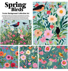 Spring Flowers And Birds Set Floral Background