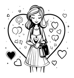 Beautiful Girl With Handbag And Hearts Black