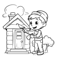 Black And White Cartoon Of Little Boy Cleaning