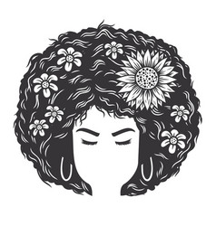 Woman Face With Afro And Flower Vintage