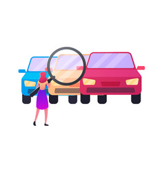 Woman Looking On Cars Through Huge Magnifying