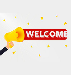 Man Holding Megaphone And Word Welcome Near