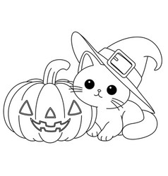 Cute Cat And A Halloween Pumpkin Coloring Page