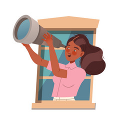 Woman In Open Window Viewing Stars With Telescope