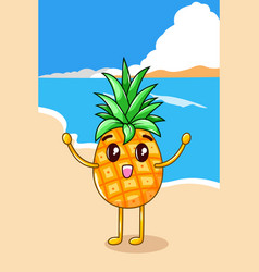 Cute Pineapple In Beach Cartoon