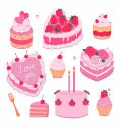 Set Of Cute Pink Cakes With Strawberries And