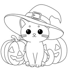 Cute Cat Sits In Front Of Two Halloween Pumpkins