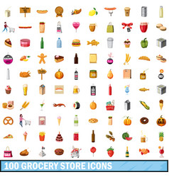 100 Grocery Store Icons Set Cartoon Style