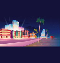 Street In Miami With Hotel And Sand Beach At Night