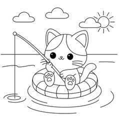 Cute Cat Is Sitting On The Float And Fishing