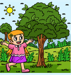 Earth Day Happy Girl In A Tree Colored Cartoon