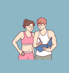 Man Fitness Trainer Advises Girl Drawing Up