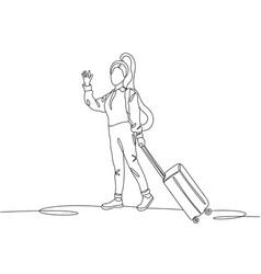 Young Woman Suitcase Journey One Line