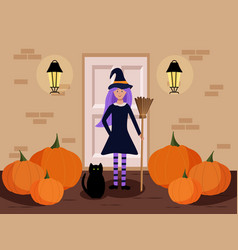 A Girl In Witch Costume With Broom And Black