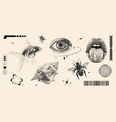 Retro Futuristic Photocopy Elements Set Eye Lip