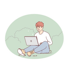 Smiling Guy Sit Outdoors Work On Computer