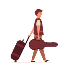 A Young Man In Casual Clothes Comes With Luggage