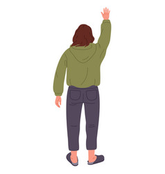 Young Woman Waving Hand Girl View From Behind