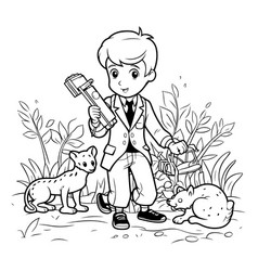 A Boy In Suit With Hammer And Cat