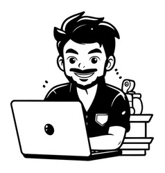 Worker With Laptop And Books In Cartoon Style