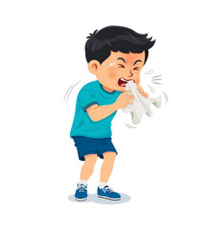 A Coughing Boy Holds Handkerchief In His Hand