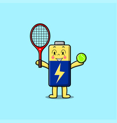 Cute Cartoon Battery Character Play Tennis Field