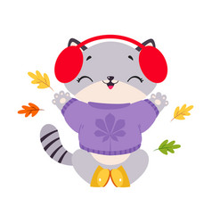 Funny Autumn Grey Cat Wear Sweater And Earmuffs