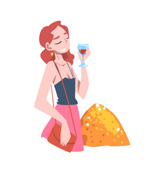 Affluent And Rich Woman Drinking Wine Having