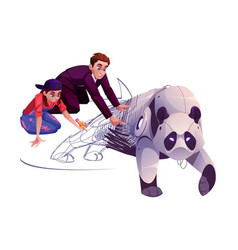 Artist Girl And Businessman Drawing Panda Robot