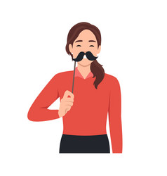 Young Woman Holding Fake Mustache