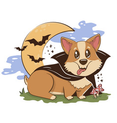 Funny Cartoon Corgi Dog In Halloween Vampire